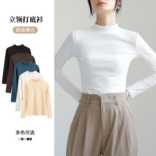 休闲薄款打底衫T恤女内搭春秋款白色中领长袖t恤半高领修身上衣服