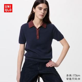优衣库 棉莫代尔混纺POLO领拼色针织衫/短袖女装26春夏新款485224 69 藏青色 XS