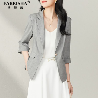 法贝莎 品牌休闲通勤夏季西装外套女2026新款轻薄女装高级修身百搭西服 灰色 L