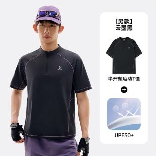 探拓 户外速干T恤男短袖防晒UPF50抗菌轻薄透气半开衫运动跑步上衣 云墨黑 L