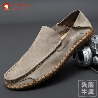 JUNIUBOY头层牛皮懒人皮鞋男真皮手工休闲鞋透气软底鞋春夏季男鞋