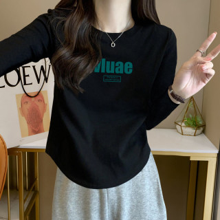 大码胖mm设计感圆弧下摆长袖T恤女士早秋新款修身显瘦百搭打底衫