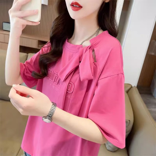 蝴蝶结短袖t恤女夏季韩版宽松设计感小众大码女装刺绣洋气上衣服