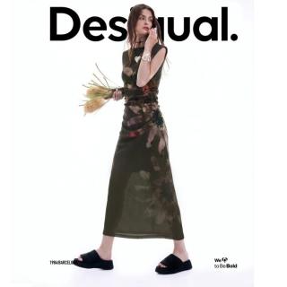 Desigual 26秋冬新品斑驳花卉印花一字领无袖连衣裙