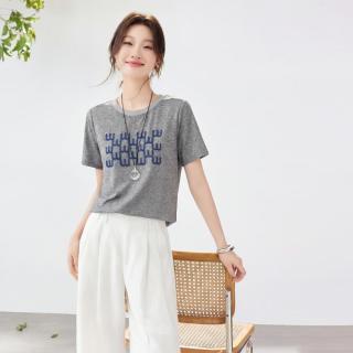 SRCR 16姆米双绉~灰色刺绣真丝T恤女夏季简约高级风百搭短袖上衣