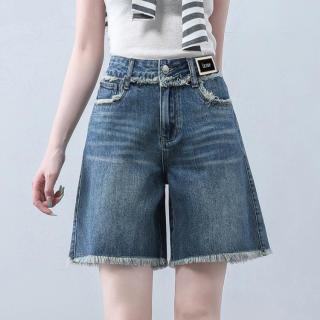 I.T it izzue毛边拼接牛仔短裤女夏季薄款复古宽松阔腿五分裤