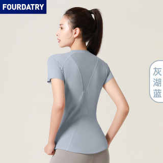 FOURDATRY 网纱运动短袖塑型显胸收腰T恤圆步瑜伽健身短袖