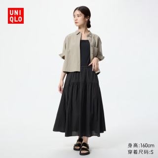 优衣库 休闲抽褶裙女装/半身裙裙子487995  黑色