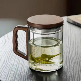 茶杯木把三件杯茶水分离杯 玻璃杯
