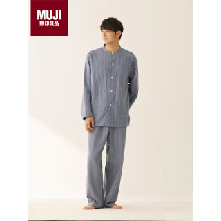 無印良品 MUJI 无侧缝法兰绒立领长袖睡衣 烟熏蓝色条纹 XL