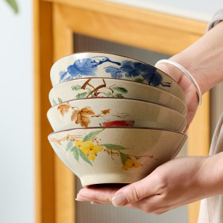 肆月 釉下彩中式复古陶瓷碗 5.5英寸 混色4只装