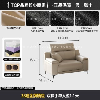 ddc 现代极简头层牛皮直排沙发小户型意式极简客厅贵妃位真皮沙发