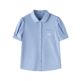 茵曼 纯棉通勤百搭短袖衬衫女2026夏季减龄休闲时尚娃娃领衬衣上衣