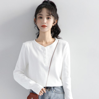 孜索 2026春秋新款白色长袖t恤女韩版春秋打底衫设计感小众内搭V领上衣