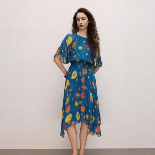 朗姿 印花圆领收腰时尚雪纺连衣裙优雅气质裙子女2026年秋季