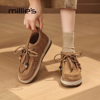 Millie's 女士真皮平底短靴 复古加绒勃肯鞋