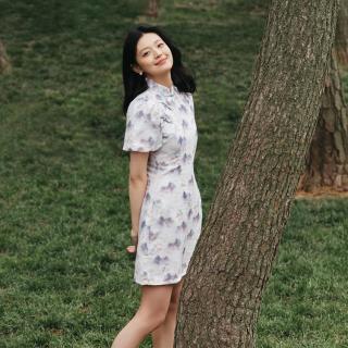 限尺码：森马 夏季新中式水墨印花国风连衣裙高级感泡泡袖优雅短裙s
