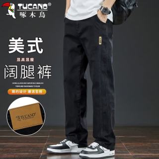 啄木鸟 牛仔裤男春夏季裤子男宽松直筒休闲裤美式阔腿长裤 黑色 32