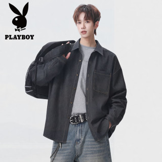 PLAYBOY 美式丹宁蓝水洗原色牛仔衬衫男秋季新款痞帅休闲长袖翻领外套男 深灰色 L