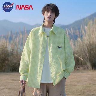 NASA GISS 长袖衬衫男宽松棉质大码拼色衫衣青少年休闲翻领外套 薄荷绿 3XL