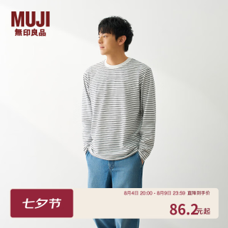 無印良品 MUJI 男式 天竺编织 圆领长袖T恤 男士打底衫男款男装 26年春季上衣 白色图案 S （165/8