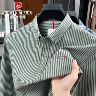 皮尔·卡丹 皮尔卡丹（pierre cardin）春秋新款牛津纺100%纯棉条纹长袖衬衫男中年商务休闲衬衣刺绣