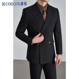 罗蒙 天丝莱赛尔棉羊毛双排扣西装礼服男黑色XL