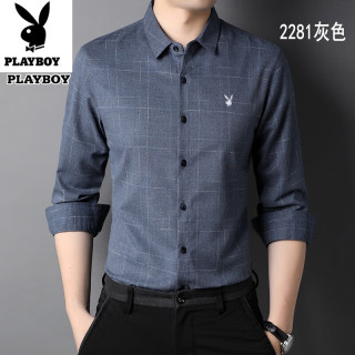 PLAYBOY 纯棉舒适百搭中青年男士长袖衬衫春秋季格子衬衣免烫大码休闲上衣 灰色 2281 XL 175码