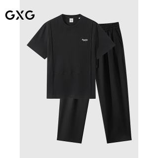 GXG 男装 25年夏季新品华夫格凉感肌理T恤短袖宽松西装裤通勤套装 单上装黑色 L