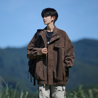 摘星少年 立领扎染复古PU皮衣工装夹克男加肥加大码潮胖子宽松外套秋季2025 咖啡色 XL