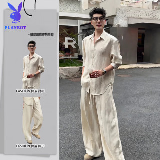 PLAYBOY 男生酷帅穿搭套装老钱风天丝亚麻长袖衬衫夏季防晒阔腿裤子一整套 亚麻色