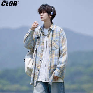 CLOR 格子长袖衬衫男士春秋季ins宽松休闲衬衣复古外套CLCX10黄色XL
