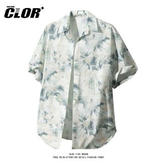 CLOR 美式扎染短袖衬衫男夏季冰丝速干休闲宽松衬衣CLCX21漠野墨痕XL