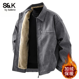 班尼路 S&K 男士复古保暖夹克 秋冬加绒加厚宽松皮衣外套