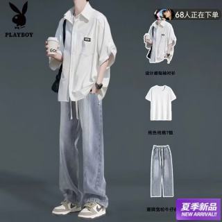 PLAYBOY 短袖冰丝衬衫男士夏季套装休闲宽松衬衣男生潮牌酷帅气穿搭三件套