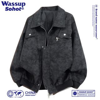 Wassup Sohot 夹克男春秋新款美式复古PU皮衣外套宽松翻领上衣 黑色 M