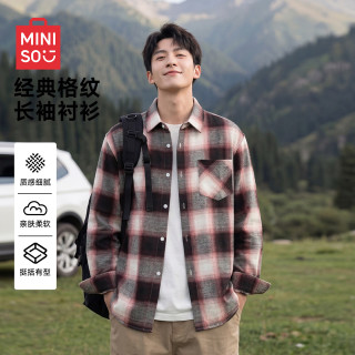 名创优品 美式阔版长袖衬衫外套男款秋季新款休闲格纹百搭衬衣B 红格 L