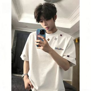 灿图 民族风扎染刺绣短袖t恤男夏季潮牌vintage美式五分半截袖学生上衣 白色 XL 建议120斤到140斤