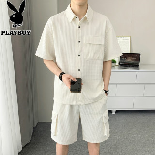 PLAYBOY 男士夏季格子短袖polo衬衫套装男装夏季宽松休闲青年两件套运动翻 米白色 2XL
