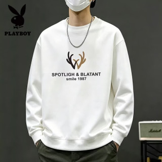 PLAYBOY 新款春秋季男士韩版卫衣宽松圆领加厚保暖长袖大码春秋T恤打底衫 白色 M