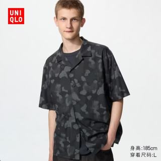 优衣库 莫代尔混纺印花开领衬衫/短袖男装衬衣空调衫490285 09 黑色 S
