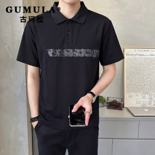 古玛拉 品牌夏季冰丝凉感Polo衫男短袖T恤2026新款潮牌撞色男装衬衫上衣 黑色 L