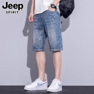 JEEP SPIRIT 牛仔短裤男士潮牌破洞直筒五分裤夏季薄款冰丝舒适宽松裤子男