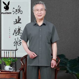PLAYBOY 中老年人男士短袖棉麻衬衫套装父亲夏季爸爸翻领衬衣爷爷夏装衣服 深灰色（套装）