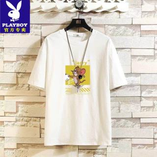 PLAYBOY 上衣套装汤姆五分袖t恤男休闲套装男五分裤潮流情侣装宽松两件套 jack白色