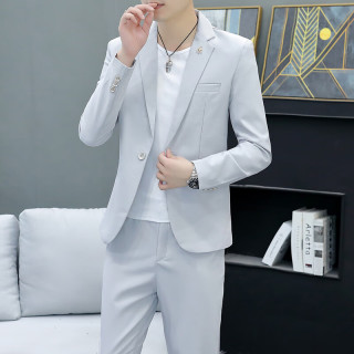 悦景圣 韩版休闲春秋西服套装男士修身商务正装新郎痞帅时尚休闲小西装男 灰色(三件套-上衣 裤子 T恤)