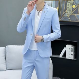 悦景圣 韩版休闲春秋西服套装男士修身商务正装新郎痞帅时尚休闲小西装男 天蓝色(三件套-上衣 裤子 T恤