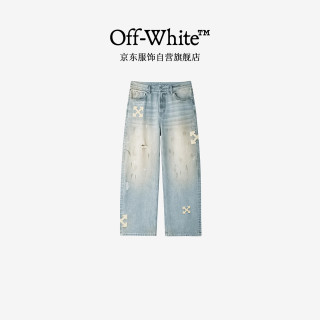 OFF-WHITE 泼墨贴布箭头刺绣轻奢潮牛仔裤百搭长裤阔腿裤  浅蓝色 XL