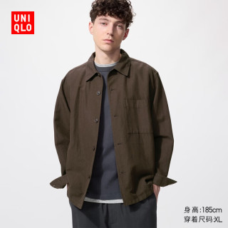 优衣库 男装女装棉麻衬衫式茄克/长袖外套夹克482443 38 深褐色 XL