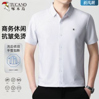 啄木鸟 春夏新款男士条纹衬衫男装弹力抗皱免烫条纹长短袖休闲衬衣